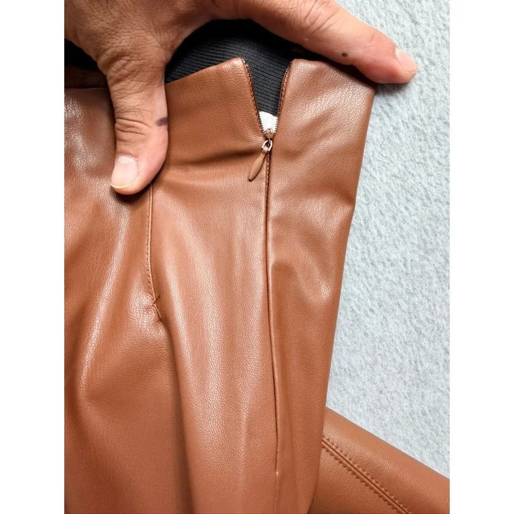 Zara Faux Leather High Rise Straight Leg Pants Cognac Brown Women Small